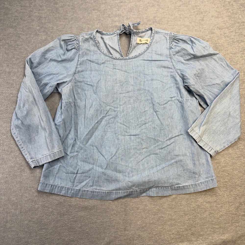 Madewell Top Womens Medium Blue Denim Puff Sleeve Swing Shirt Chambray Tie Back